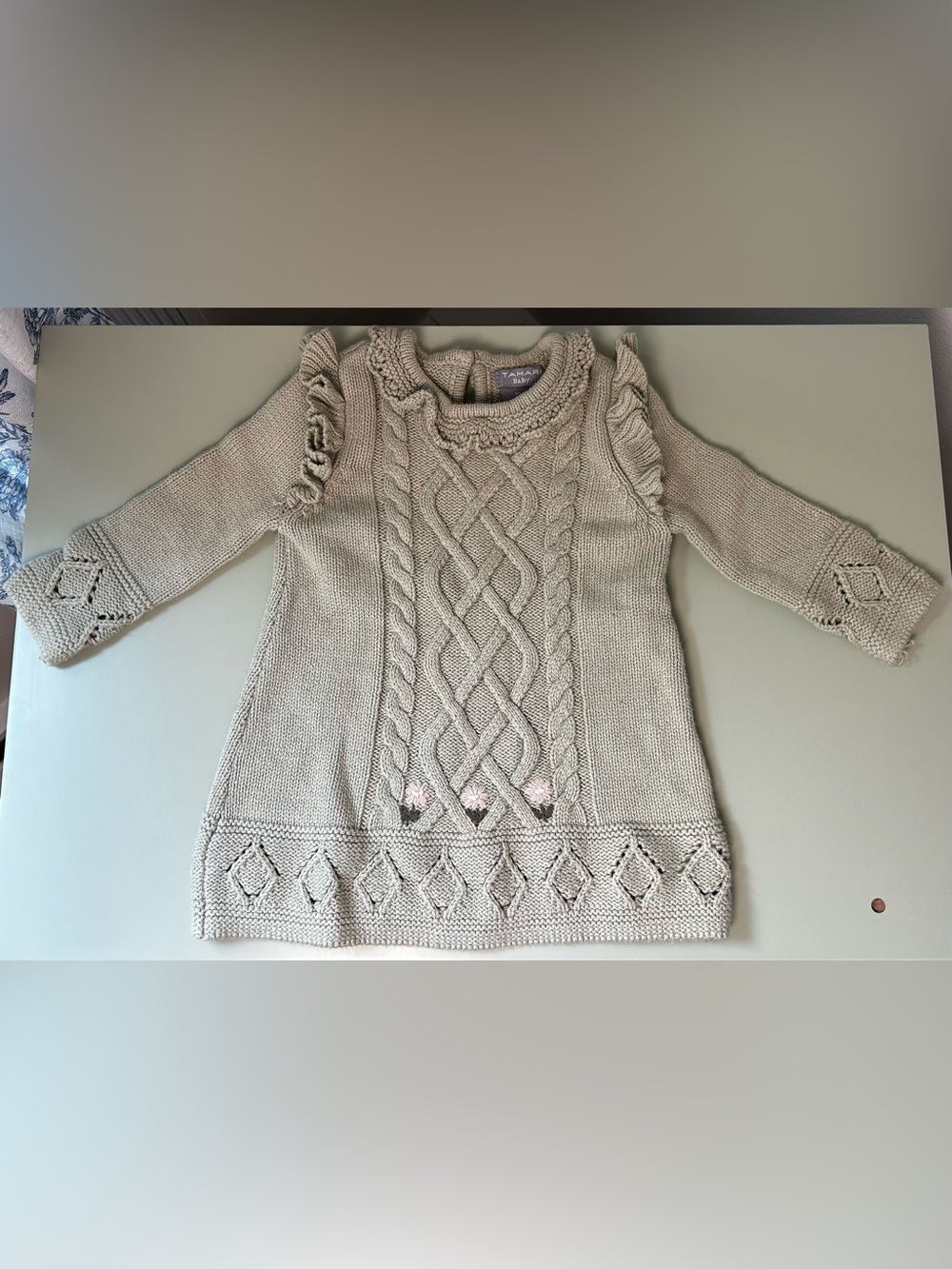 Tahari Baby Girls Green Cable Knit Sweater Dress 6-9M W/ Floral Embroidery